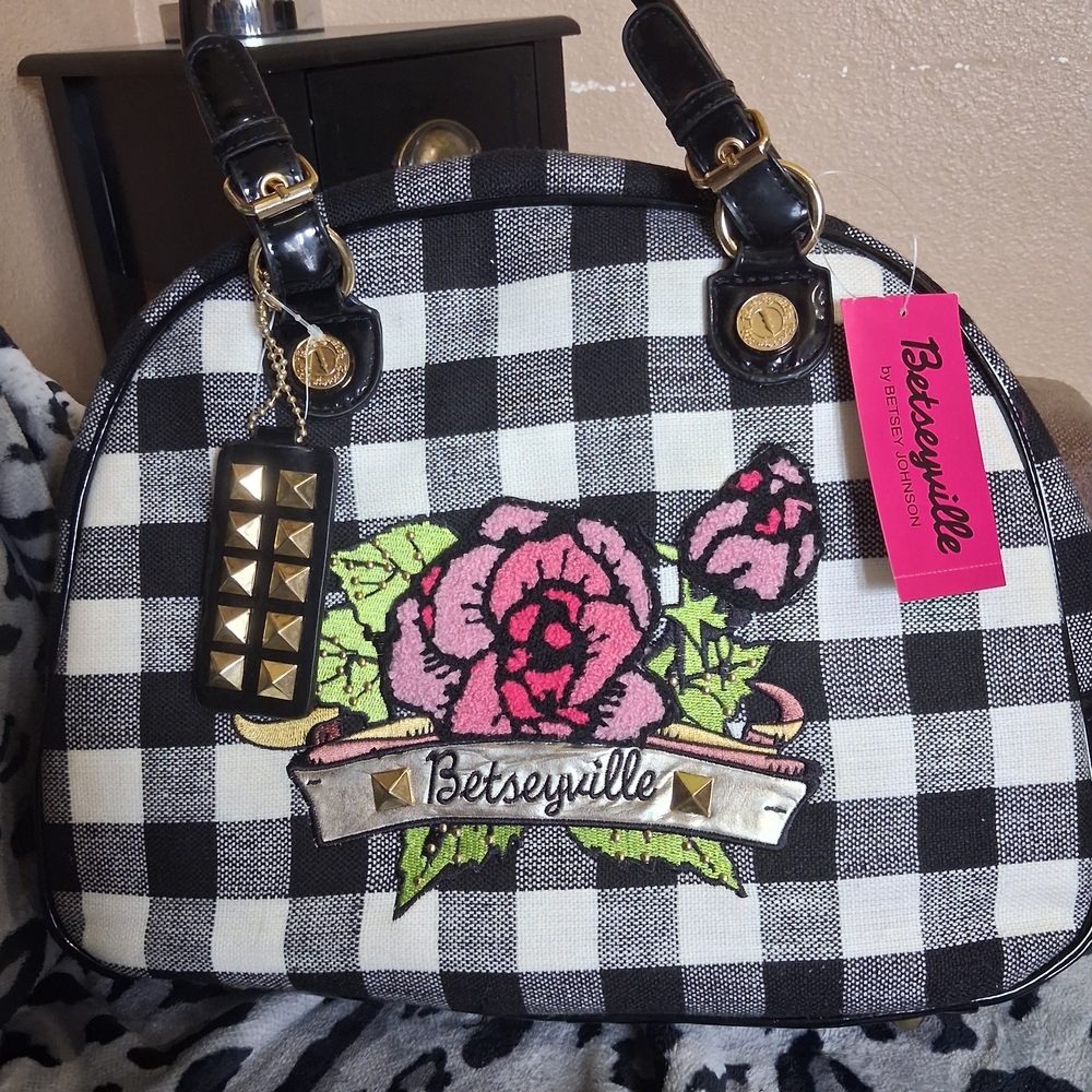 Brand New Betseyville Black & White Gingham Satchel with Pink Floral Embroidery